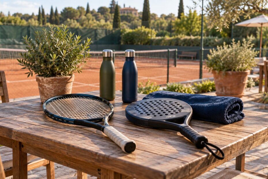 Racchette da tennis e padel, borracce riutilizzabili e piante su un tavolo accanto a un campo da tennis.