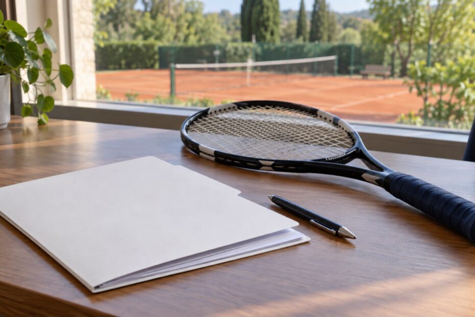 Cartellina bianca, penna e racchetta sulla scrivania di un circolo, con un campo da tennis sullo sfondo.