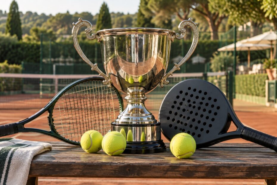 Coppa, racchette da tennis e padel e palline a bordo campo; immagine illustrativa.
