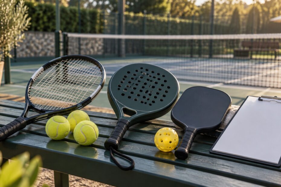 Racchette da tennis, padel e pickleball con materiale per l’allenamento; immagine illustrativa.
